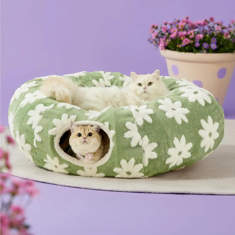 Cute Fuzzy Plush Pet Tunnel Bed with Blanket