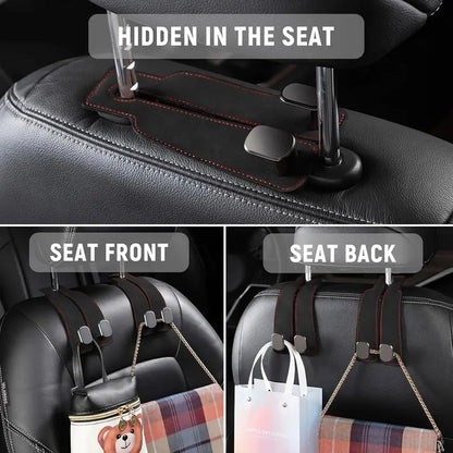NATRAVOR™ 2-in-1 Suede Leather Car Seat Hook & Phone Holder – Heavy-Duty Double Headrest Hanger for Purses, Bags & Groceries (2-Pack)
