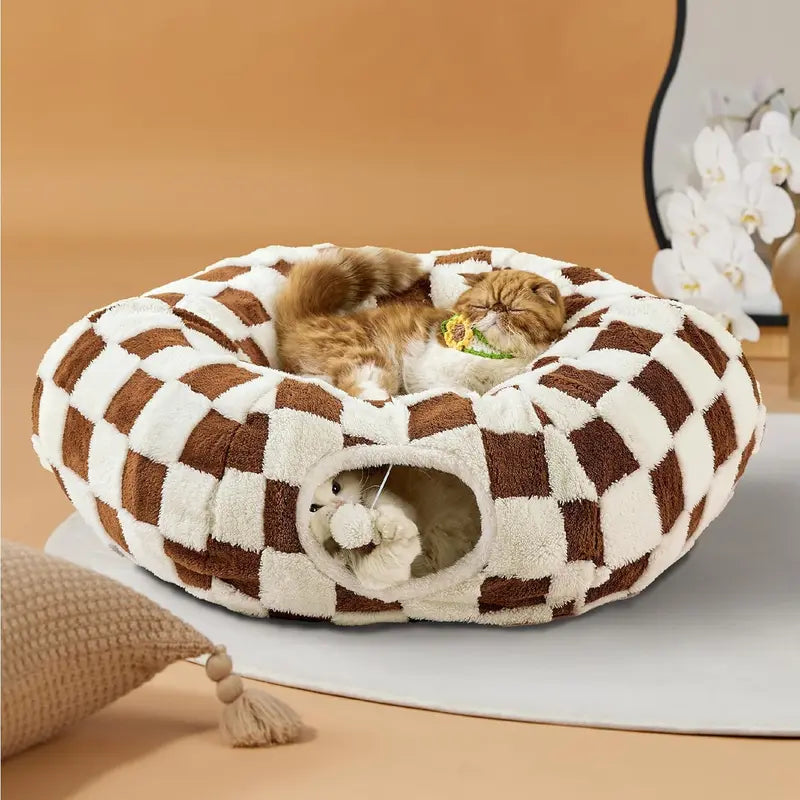 Cute Fuzzy Plush Pet Tunnel Bed with Blanket