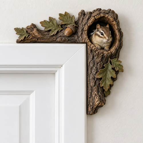 🔥 50% OFF LIMITED TIME – Hand-Carved Solid Wood Chipmunk Tree Hollow Door Topper | Rustic Woodland Décor
