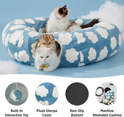 Cute Fuzzy Plush Pet Tunnel Bed with Blanket