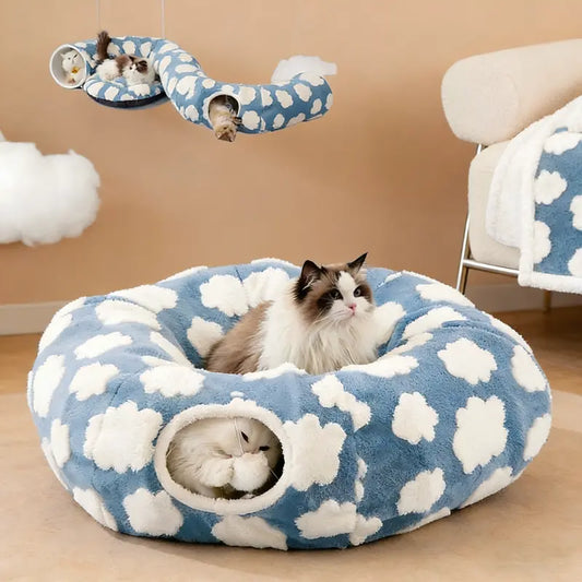 Cute Fuzzy Plush Pet Tunnel Bed with Blanket