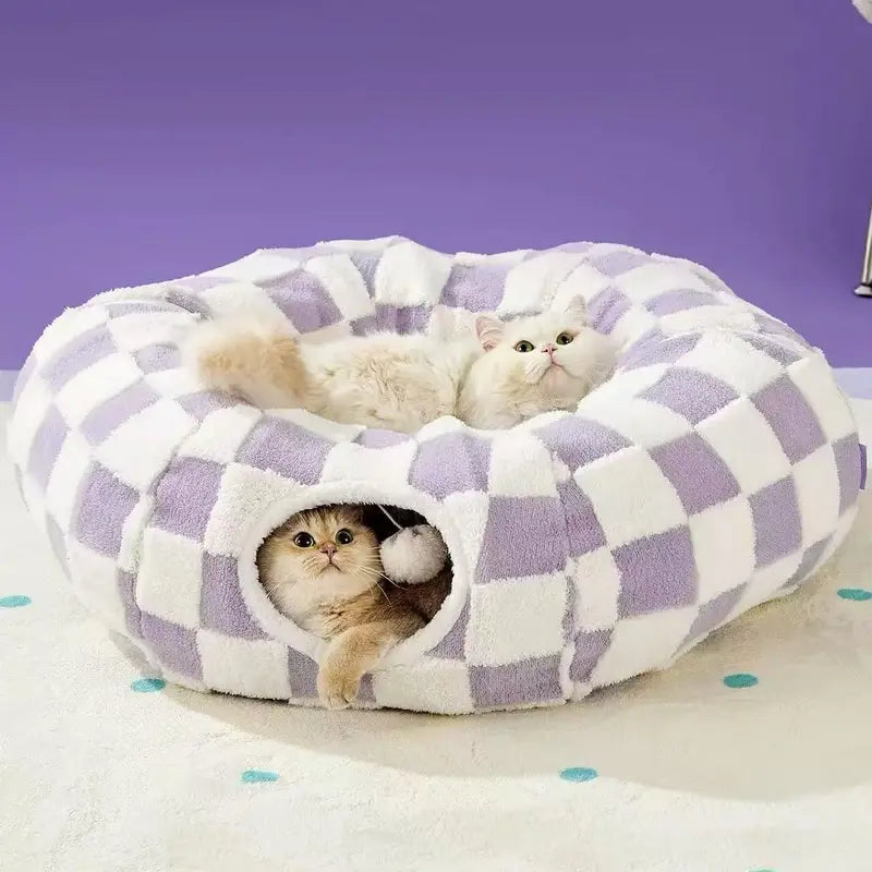 Cute Fuzzy Plush Pet Tunnel Bed with Blanket