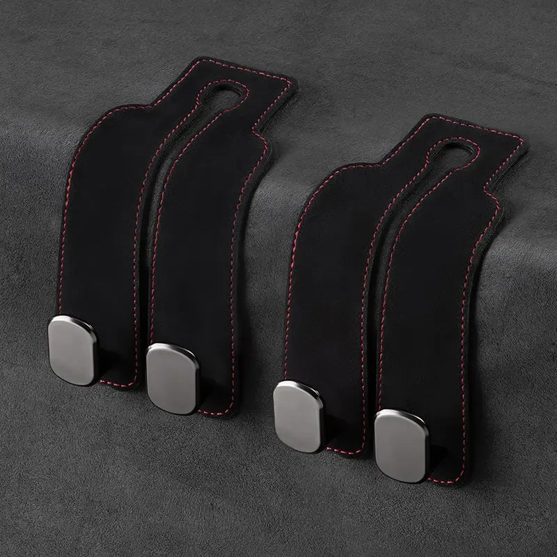 NATRAVOR™ 2-in-1 Suede Leather Car Seat Hook & Phone Holder – Heavy-Duty Double Headrest Hanger for Purses, Bags & Groceries (2-Pack)