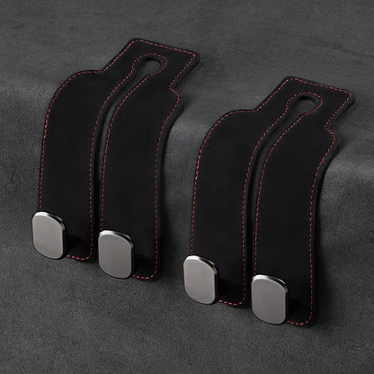 NATRAVOR™ 2-in-1 Suede Leather Car Seat Hook & Phone Holder – Heavy-Duty Double Headrest Hanger for Purses, Bags & Groceries (2-Pack)