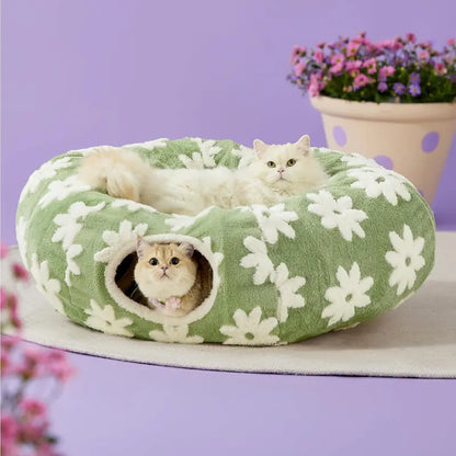Cute Fuzzy Plush Pet Tunnel Bed with Blanket