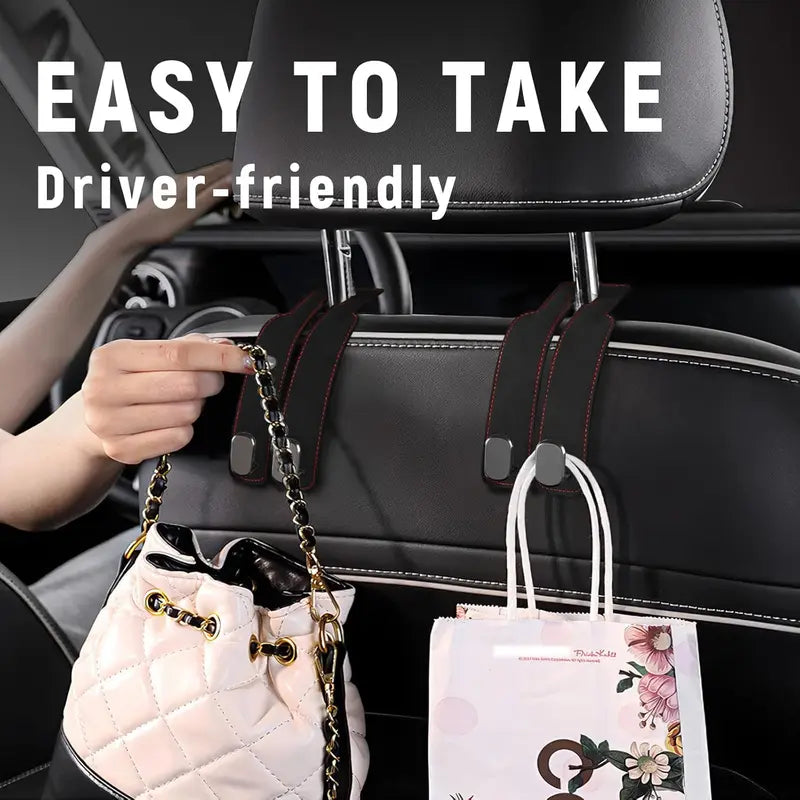 NATRAVOR™ 2-in-1 Suede Leather Car Seat Hook & Phone Holder – Heavy-Duty Double Headrest Hanger for Purses, Bags & Groceries (2-Pack)