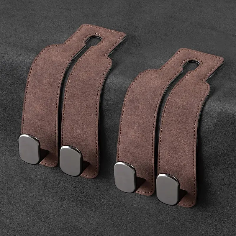 NATRAVOR™ 2-in-1 Suede Leather Car Seat Hook & Phone Holder – Heavy-Duty Double Headrest Hanger for Purses, Bags & Groceries (2-Pack)