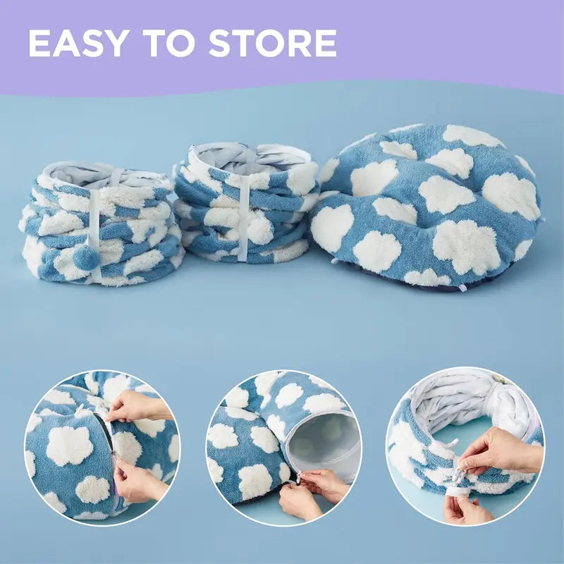 Cute Fuzzy Plush Pet Tunnel Bed with Blanket