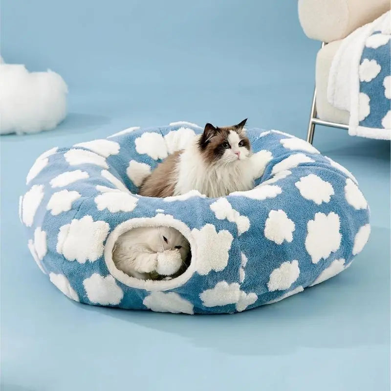 Cute Fuzzy Plush Pet Tunnel Bed with Blanket