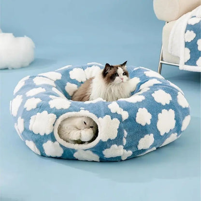 Cute Fuzzy Plush Pet Tunnel Bed with Blanket