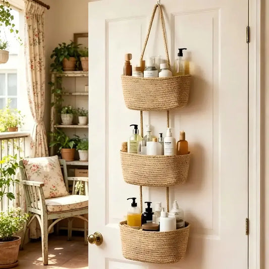 Woven Cotton 3-Tier Over theDoor Hanging Basket Organizer
