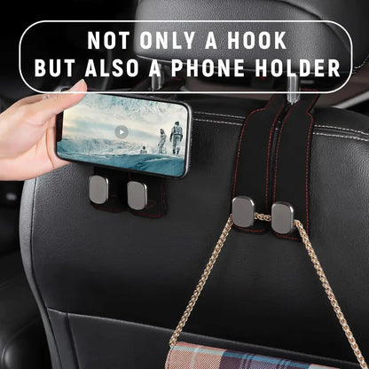 NATRAVOR™ 2-in-1 Suede Leather Car Seat Hook & Phone Holder – Heavy-Duty Double Headrest Hanger for Purses, Bags & Groceries (2-Pack)