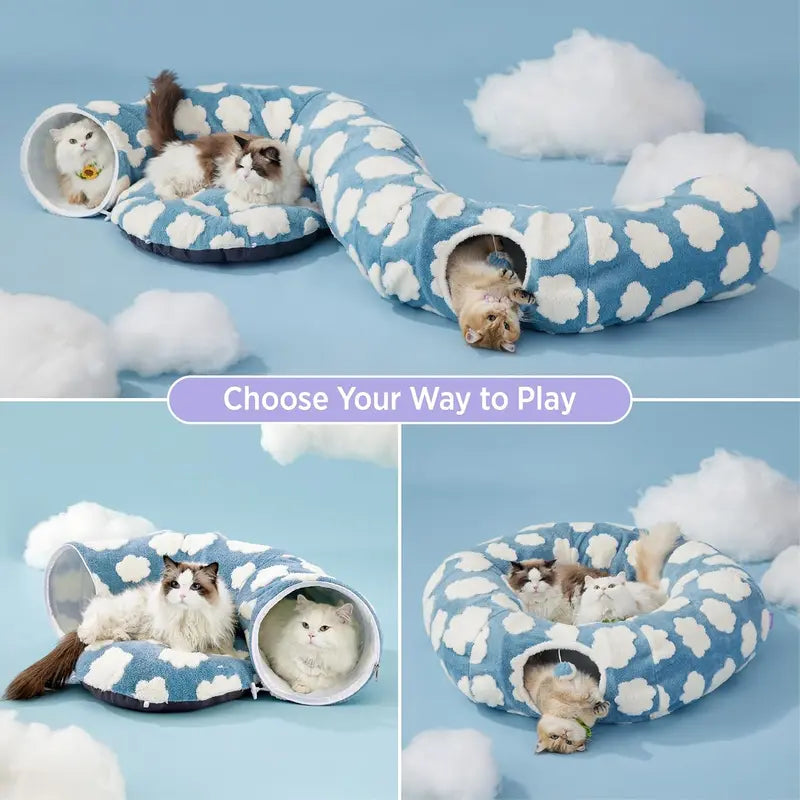 Cute Fuzzy Plush Pet Tunnel Bed with Blanket