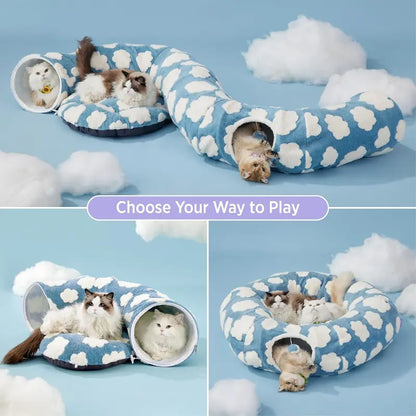 Cute Fuzzy Plush Pet Tunnel Bed with Blanket