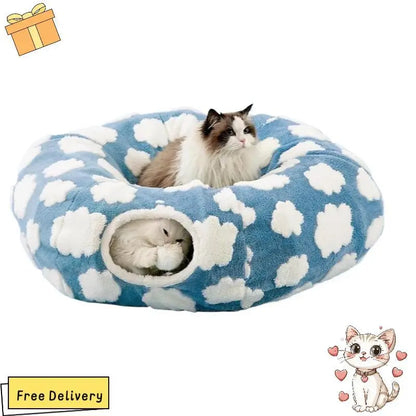 Cute Fuzzy Plush Pet Tunnel Bed with Blanket