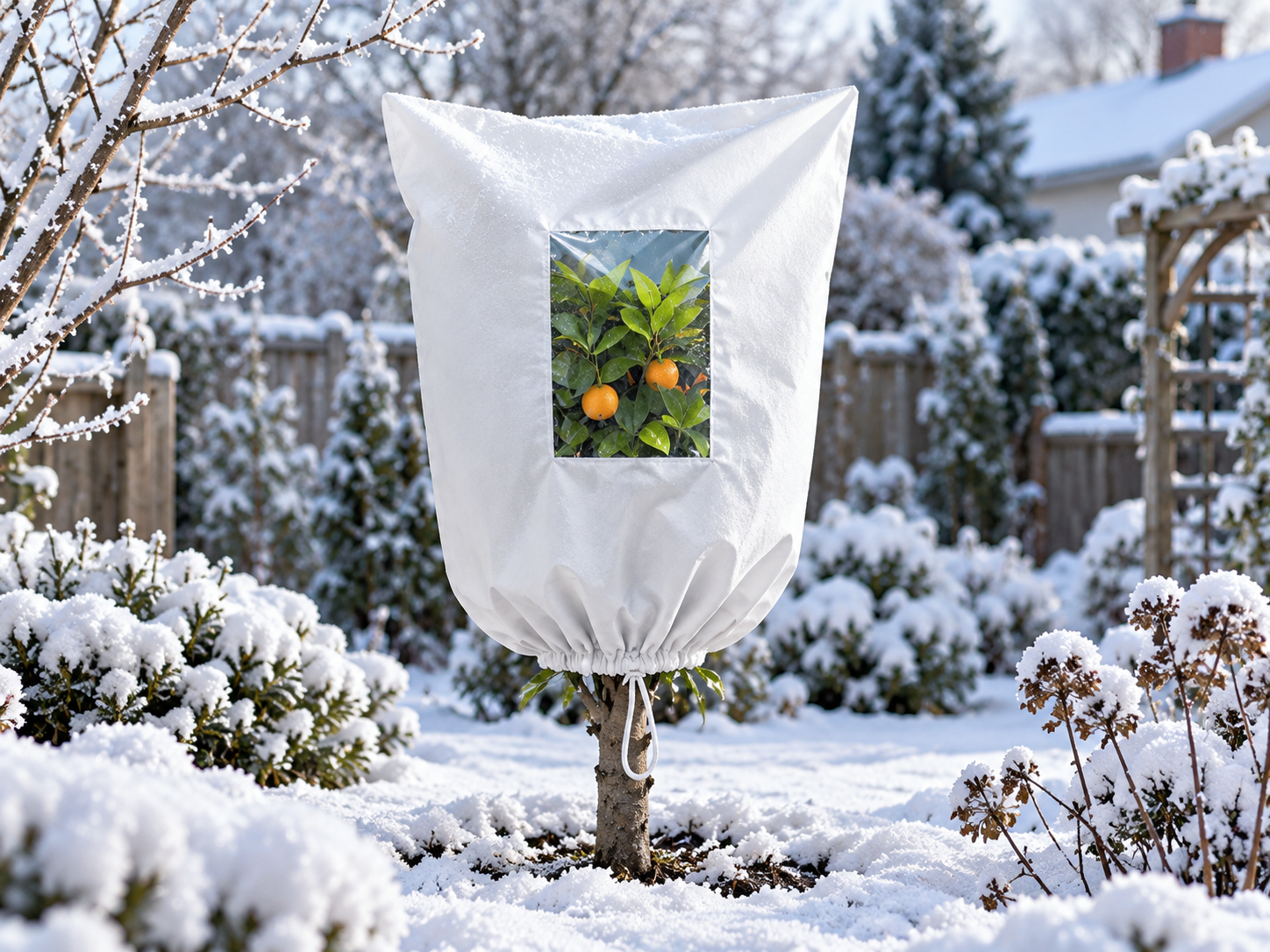 Fruit tree protected with a frost cover in snowy weather