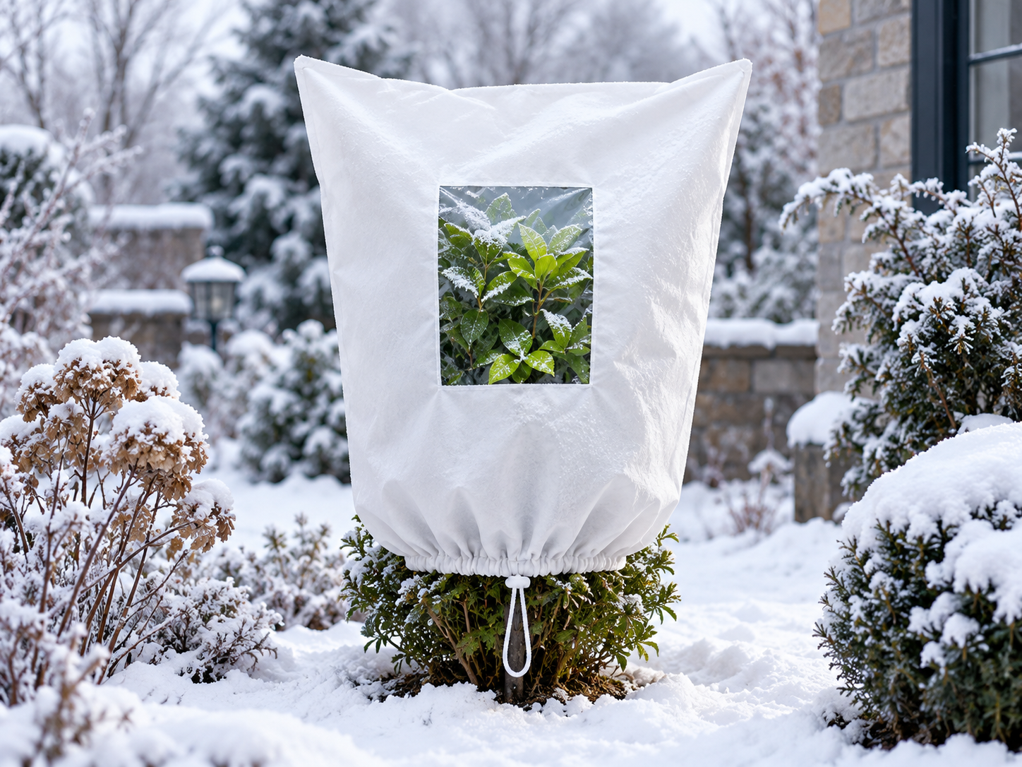 Shrub protected with a frost cover in snowy weather