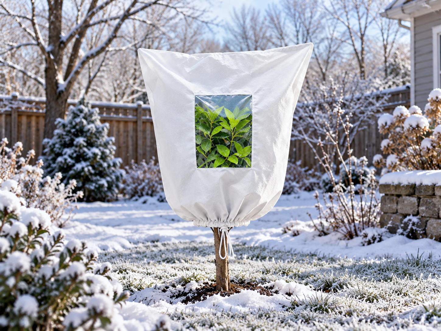 Young tree protected with a frost cover in winter